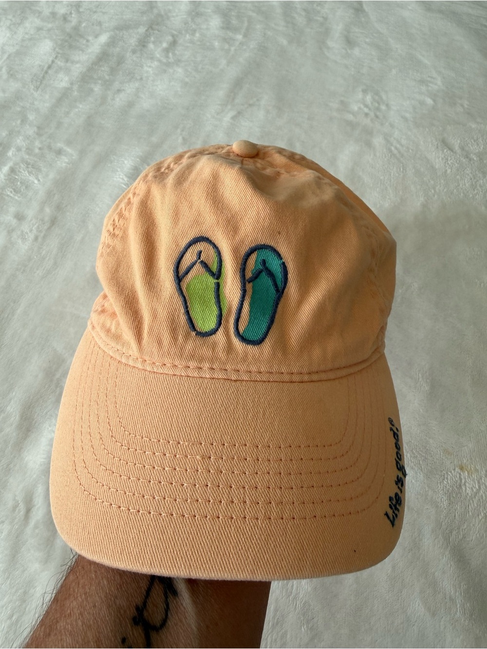 Life is Good Peach Baseball Style Hat Adjustable with Flip Flops